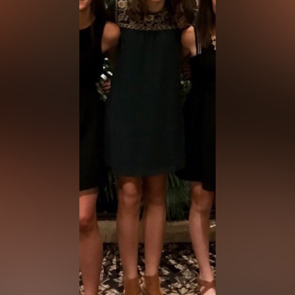 Peach Love Forest Green Chiffon Minidress w/ Beautiful Gold Embroidery Size Sm - Picture 10 of 11